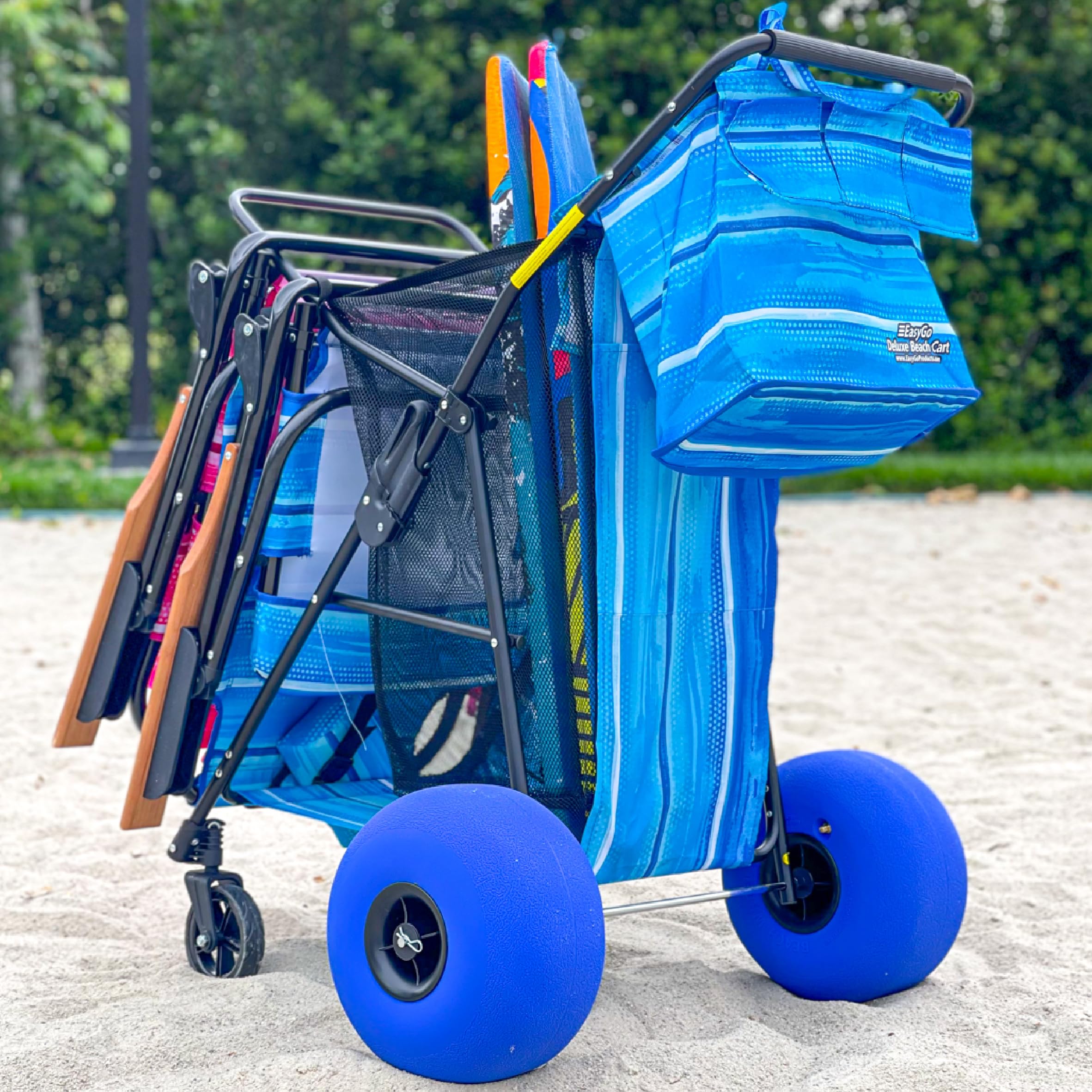 EasyGo Beach Cart Deluxe large mesh bag keeps towels and gear tidy.