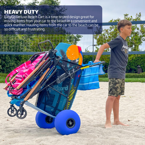 EasyGo Beach Cart Deluxe rear wheels 13in stabilize motion across soft sand.