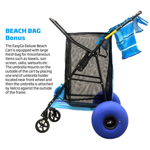 EasyGo Beach Cart Deluxe removable beach bag adds quick organization.