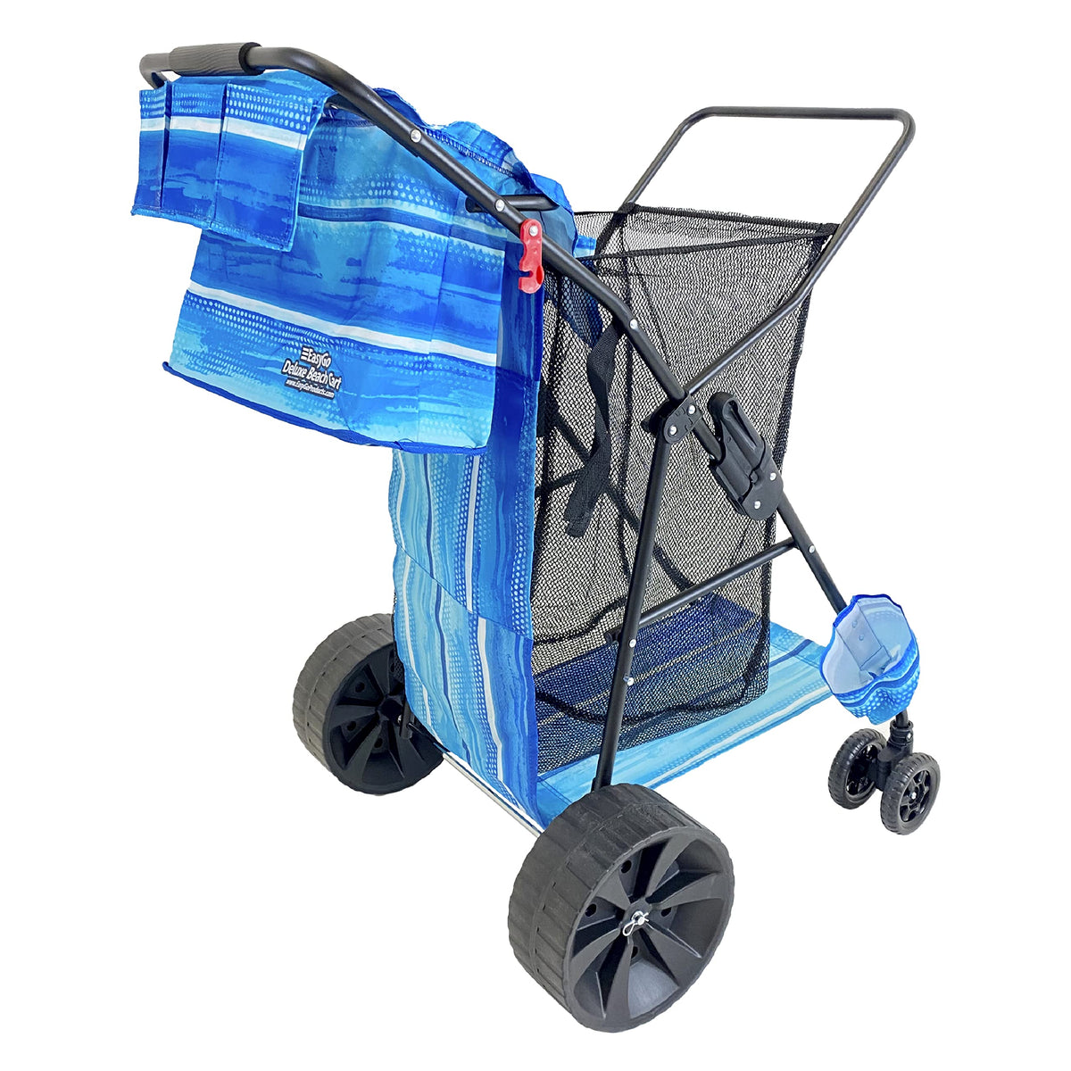 EasyGo Deluxe Beach Cart striped pattern on sand, simplifies gear transport.