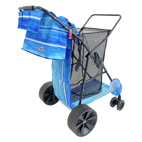 EasyGo Deluxe Beach Cart striped pattern on sand, simplifies gear transport.