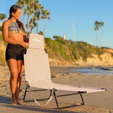 EASYGO two-leg lounge chair in tan offers easy outdoor storage