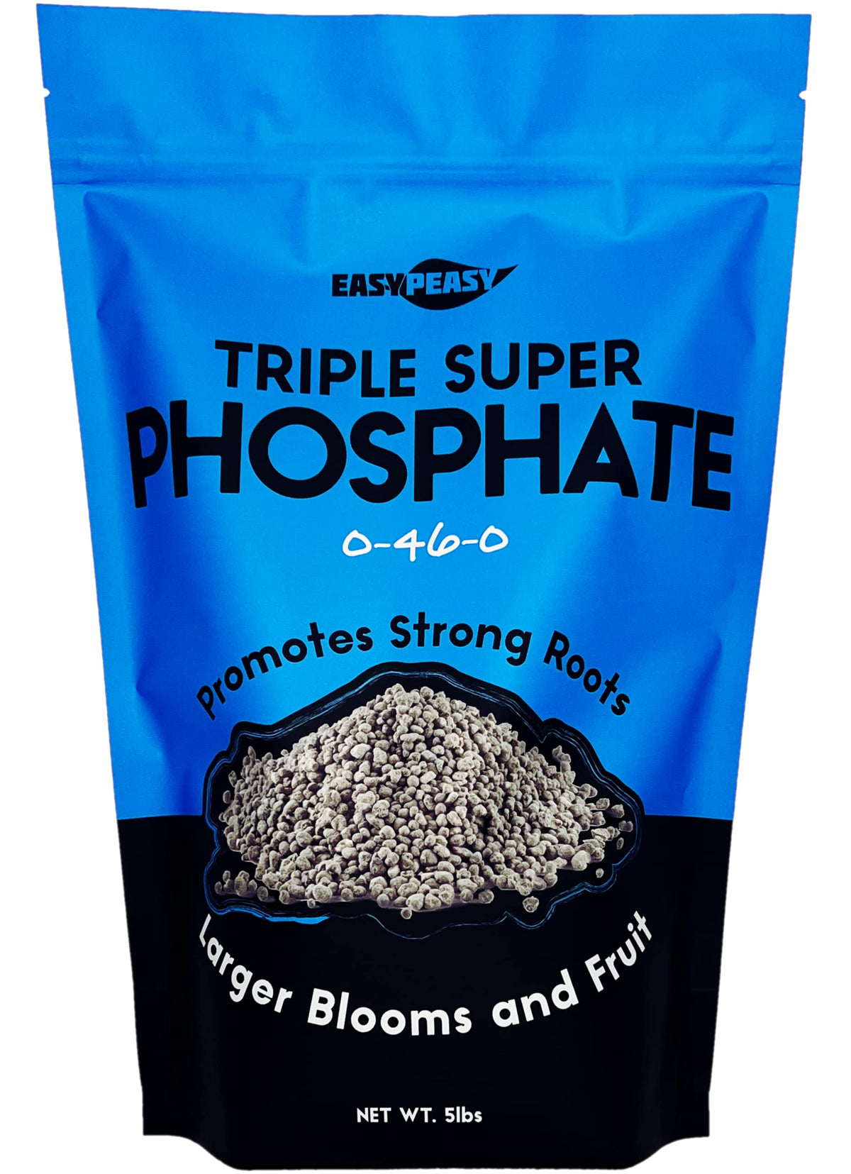 Easy Peasy triple super phosphate fertilizer bag, phosphorus-rich for stronger blooms and healthy roots.