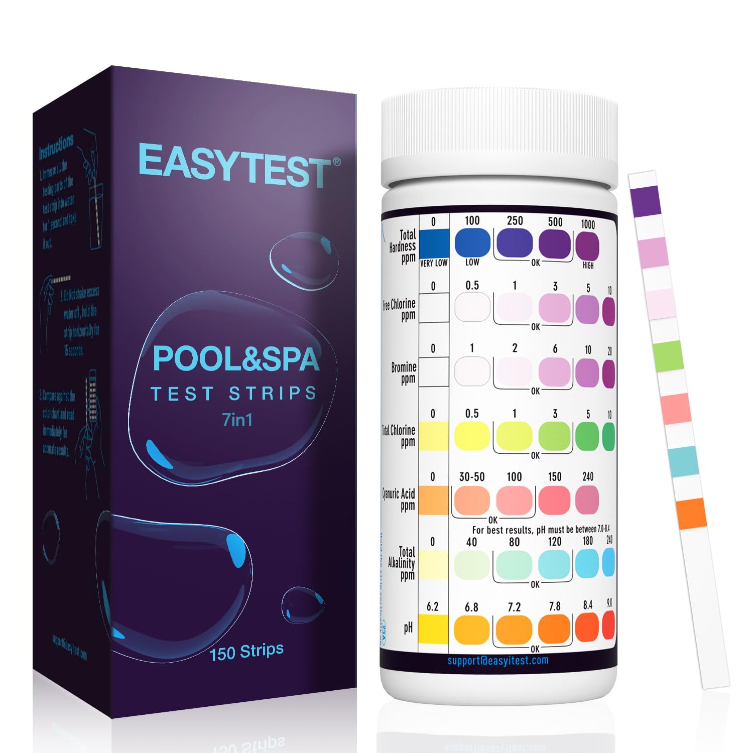 EasyTEST 7-Way pool test strip bottle shown for quick water testing.