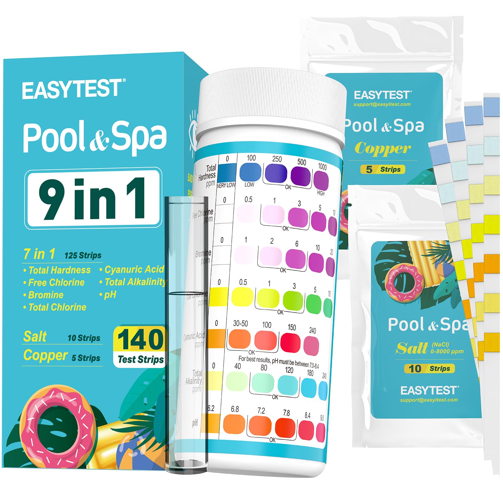 EasyTest 9-Way pool test strip bottle showing all parameter colors.
