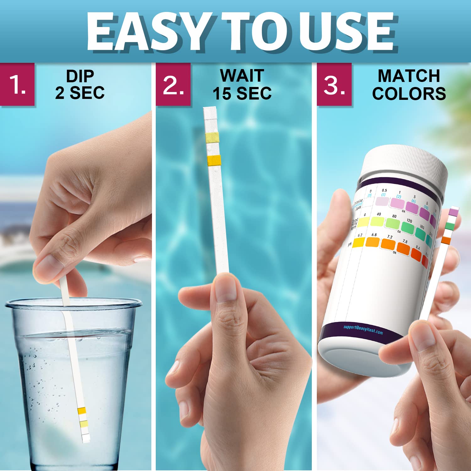 Hot tub and pool care with EASYTEST strips in a home setting.