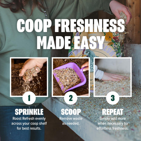 Eaton Roost Refresh being sprinkled on a coop shelf for freshness.