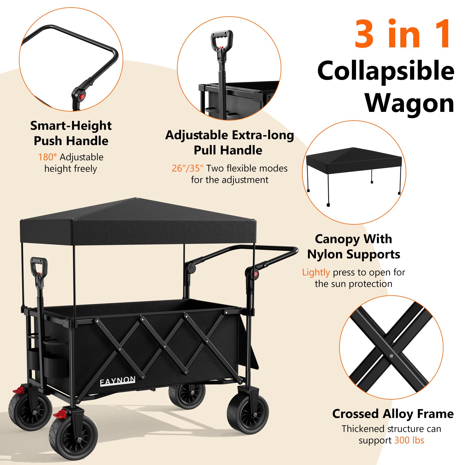 EAYNON all-terrain wheels tackle sand, grass, and pavement.