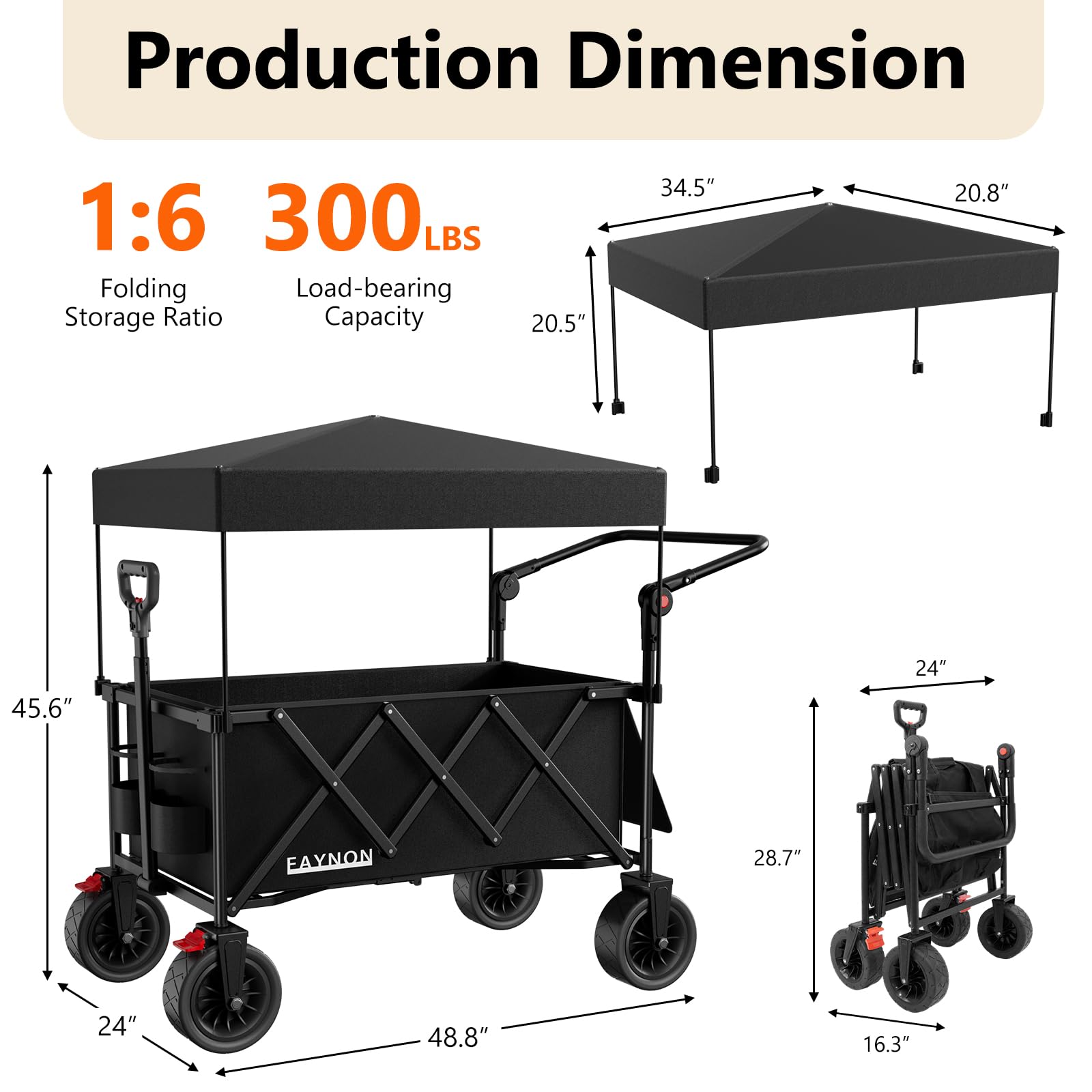EAYNON removable Oxford canopy on wagon provides shade and weather protection.