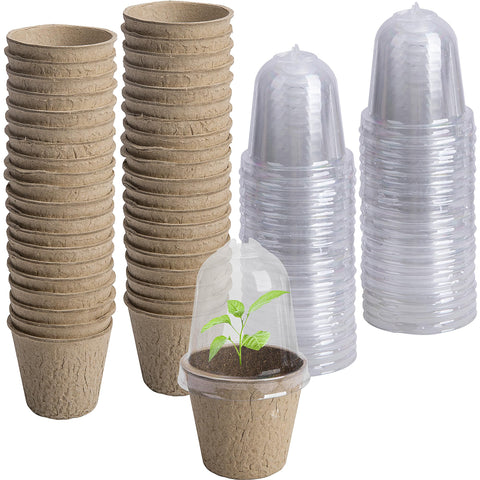 EBaokuup 40-pack biodegradable seedling pots with humidity domes enabling easy germination monitoring.