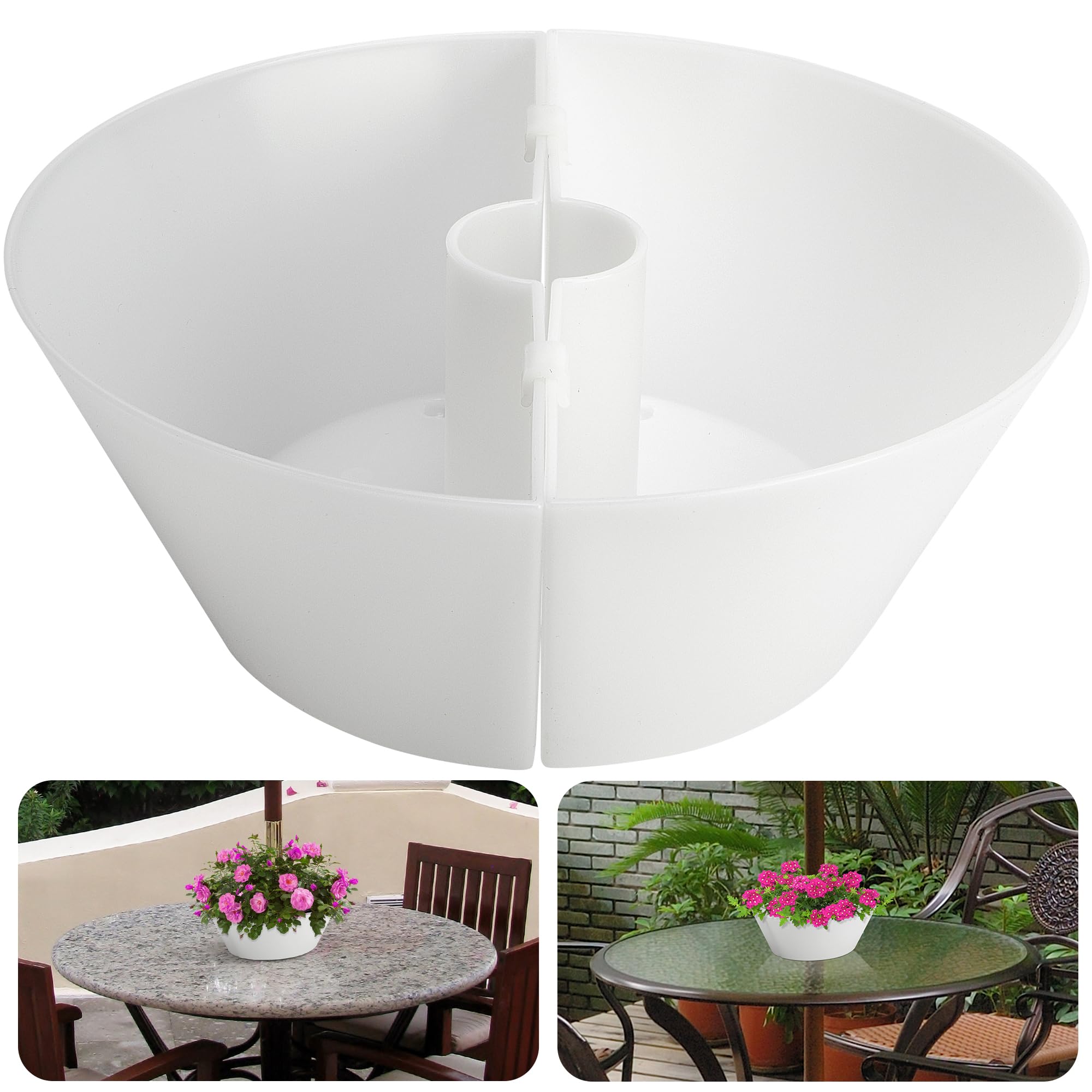 EBaokuup umbrella planter base in white adds stable support for patio tables.