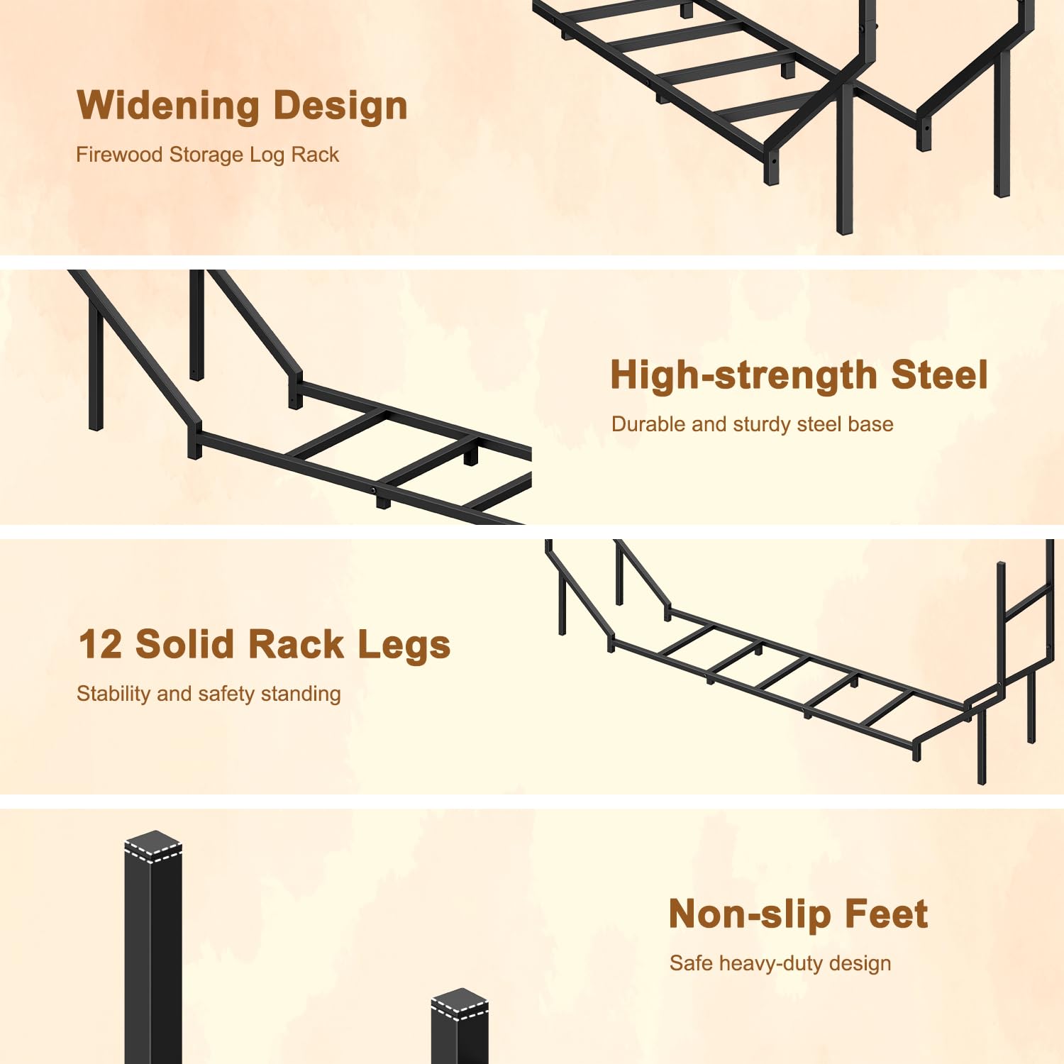 Ebeneze firewood rack stability legs detail demonstrating weight distribution for steady storage