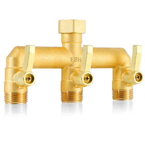 EBH brass garden hose splitter shows a 3-way design for versatile watering uses