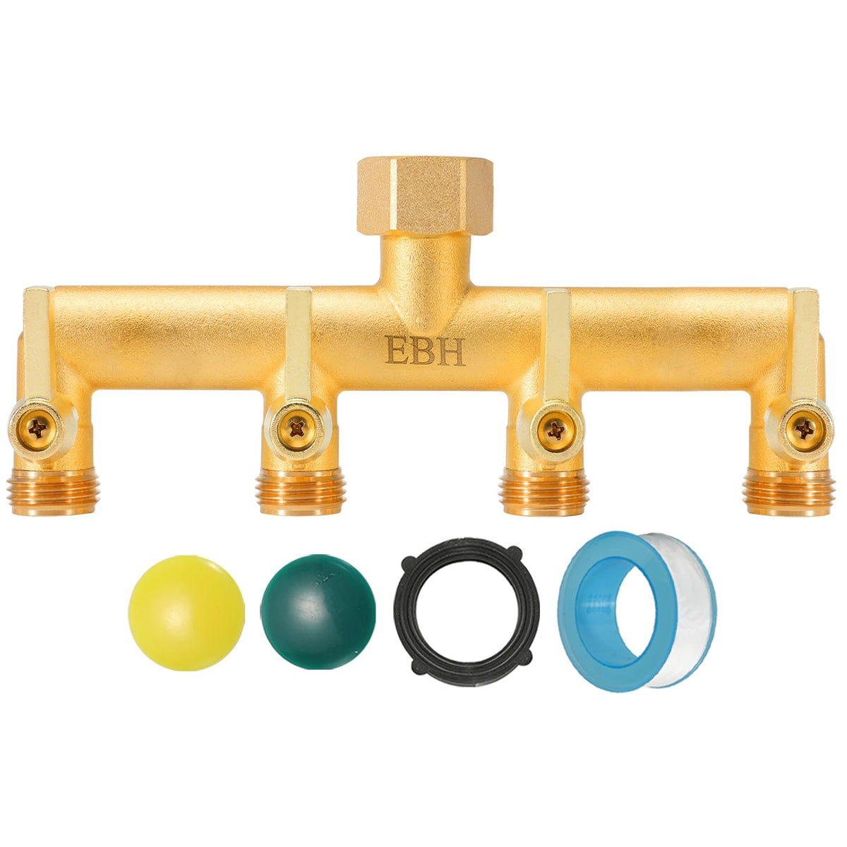 EBH brass garden hose splitter 4-way for versatile watering tasks.