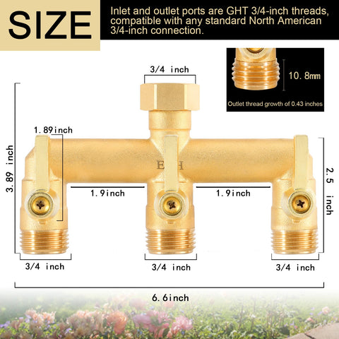 EBH brass splitter with long metal handles for easy water control