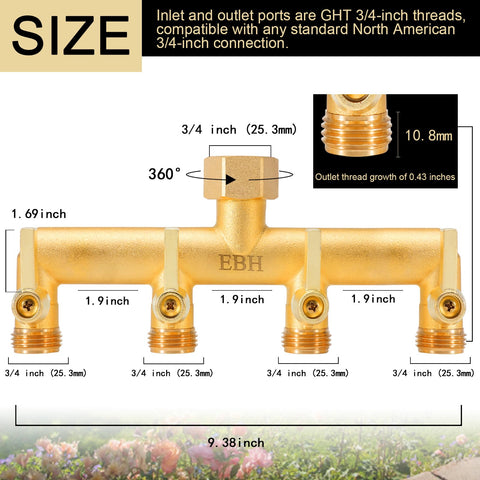 EBH brass outlet valves close-up shows precise flow control for each outlet.