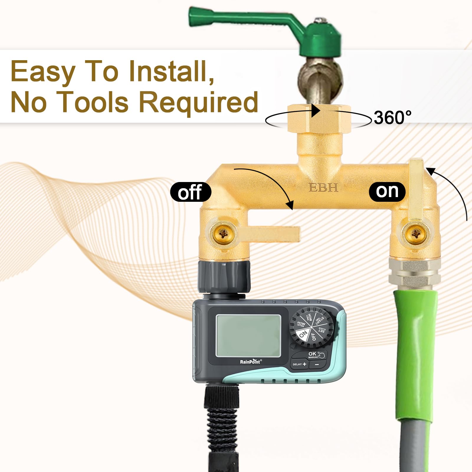EBH standard 3/4-inch thread connects hoses and faucets.
