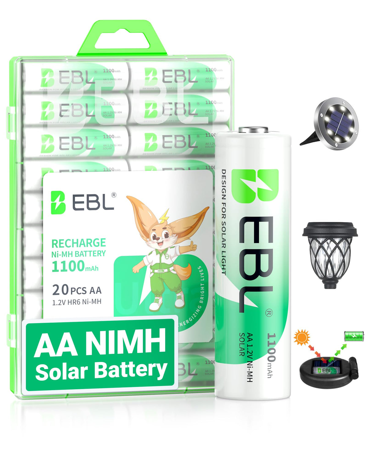 EBL 1100mAh AA batteries in a 20-pack for outdoor lights and remotes.
