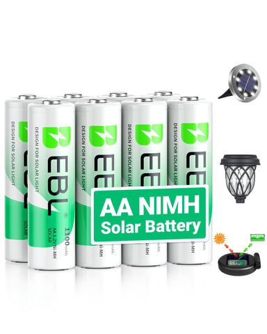 EBL AA rechargeable batteries in a pack of eight for long-lasting outdoor lighting.