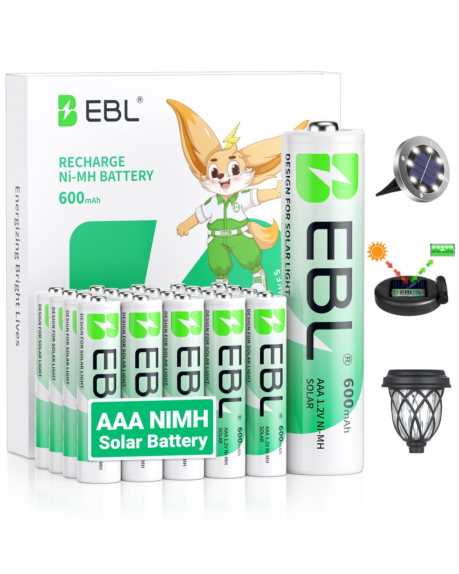 EBL AAA rechargeable battery pack 20-count for solar lighting