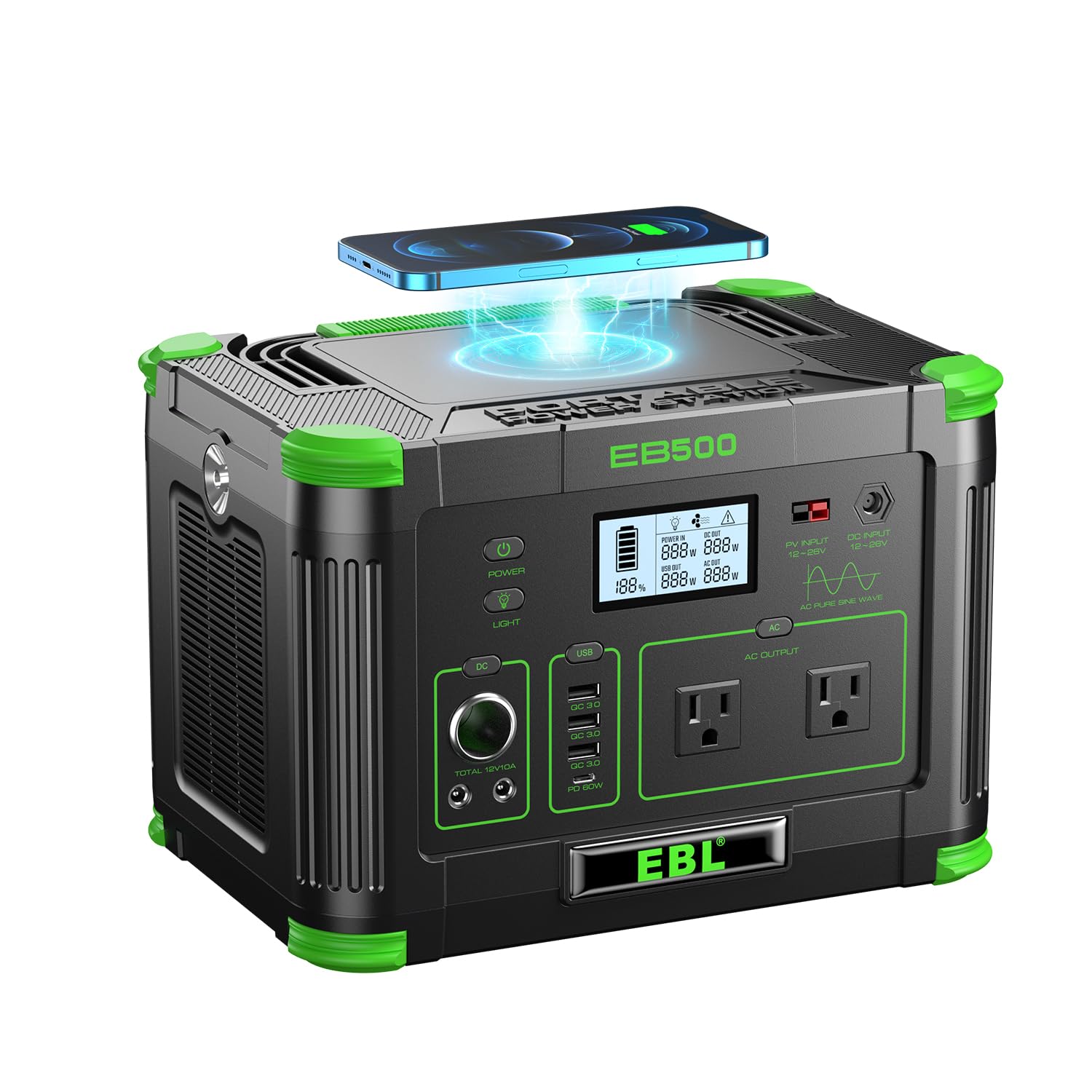 EBL portable power station 500W front view powering essential devices on the go.