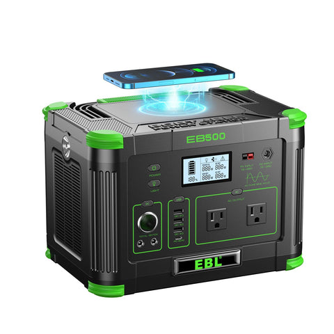 EBL portable power station 500W front view powering essential devices on the go.
