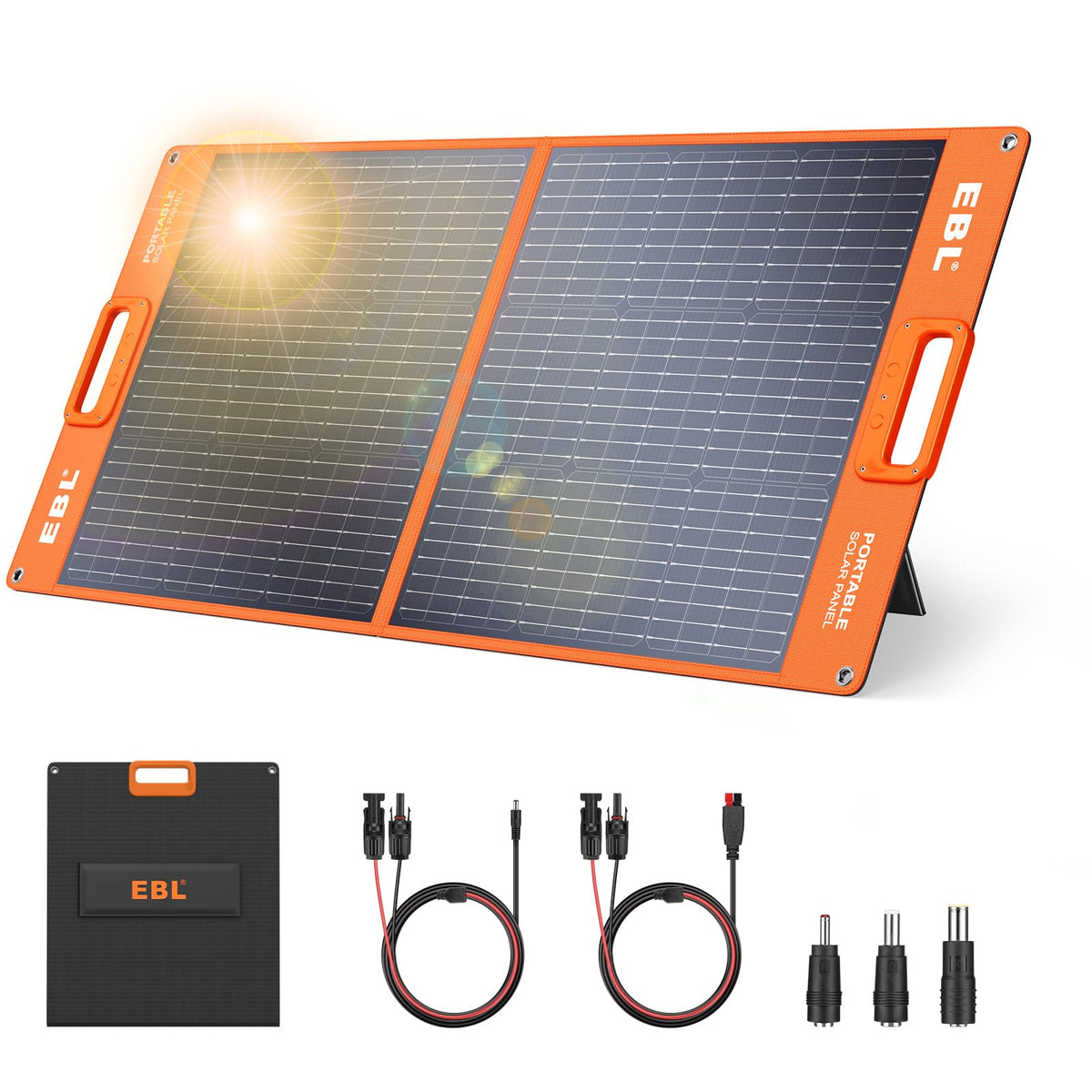 EBL 100W solar panel with 45° kickstand for efficient outdoor charging.