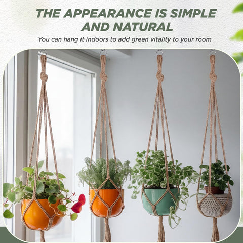 Linen-color macrame blends with various pots and decor styles.