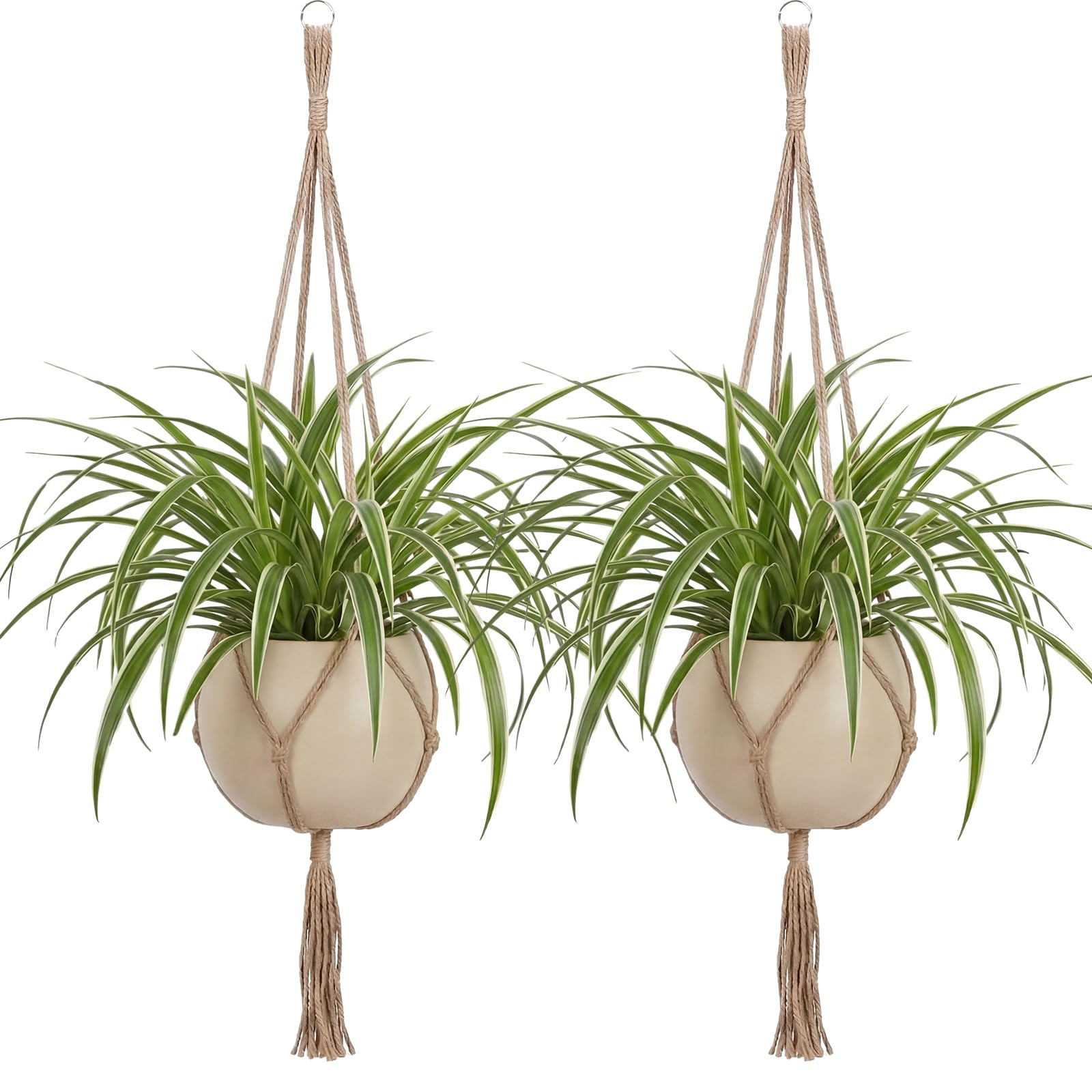 EBOOT 41-inch macrame plant hanger with four linen legs for indoor display.