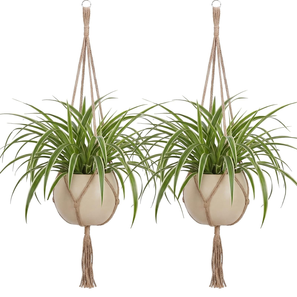 EBOOT 41-inch macrame plant hanger with four linen legs for indoor display.