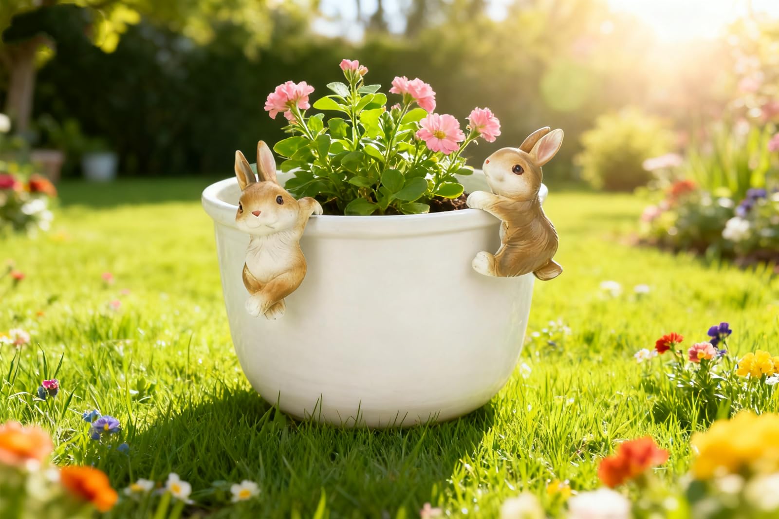 Ebrima bunny figurine plant pot hanger enhances porch planters with whimsy.