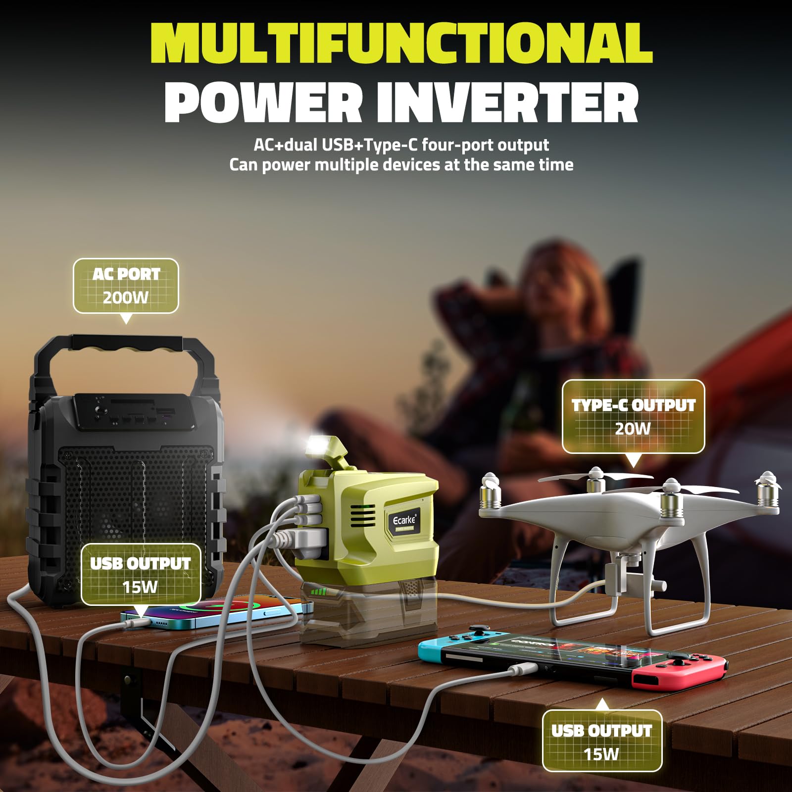 Ecarke 200LM LED light on the inverter aids night camping.