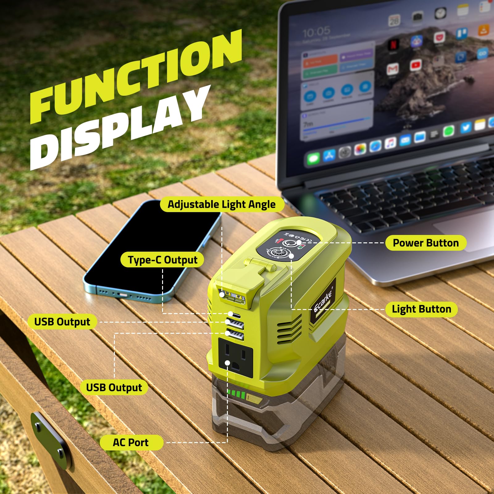 Ecarke compact inverter ideal for camping hiking and outdoor activities.