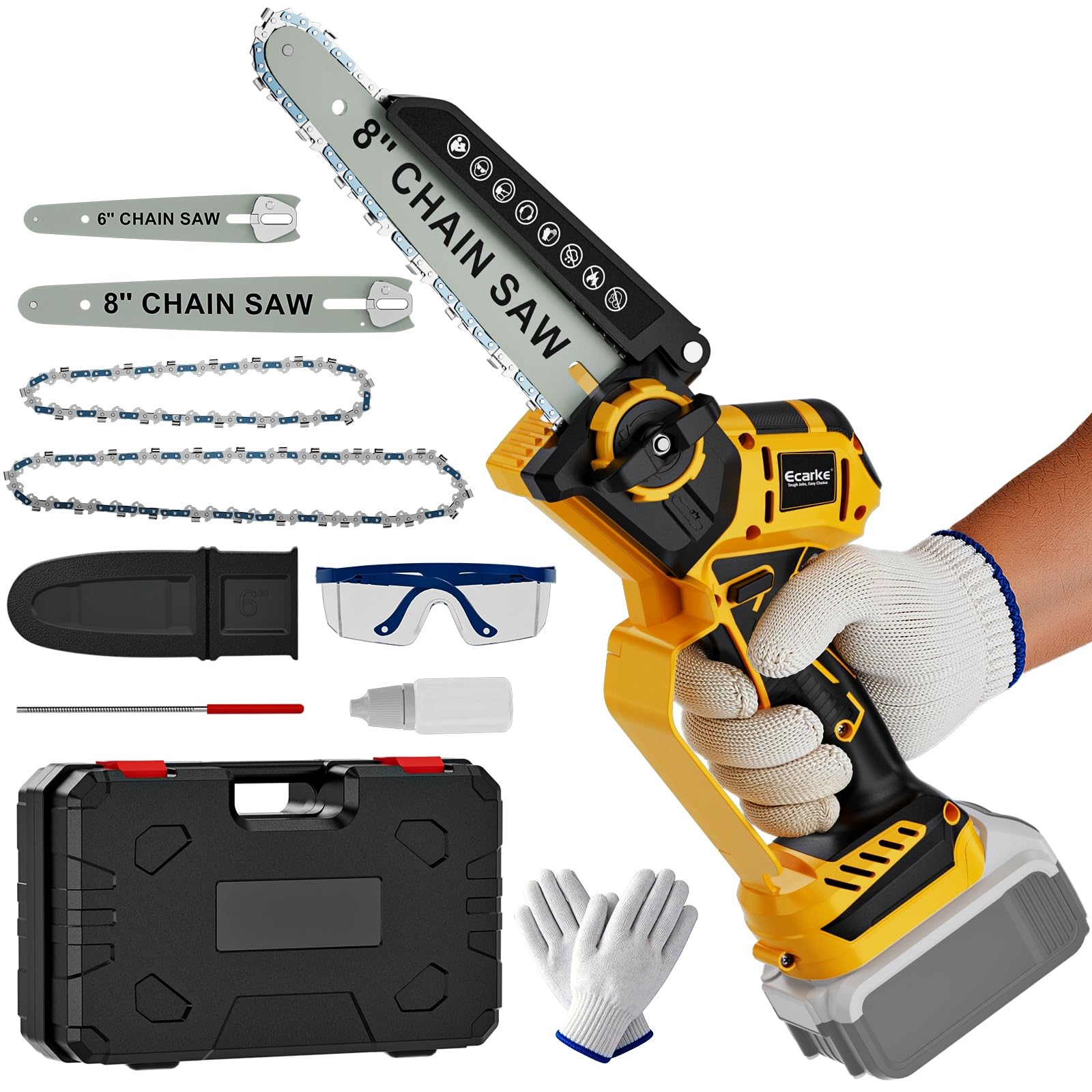 Ecarke mini chainsaw with DeWalt 20V compatibility for convenient battery reuse.