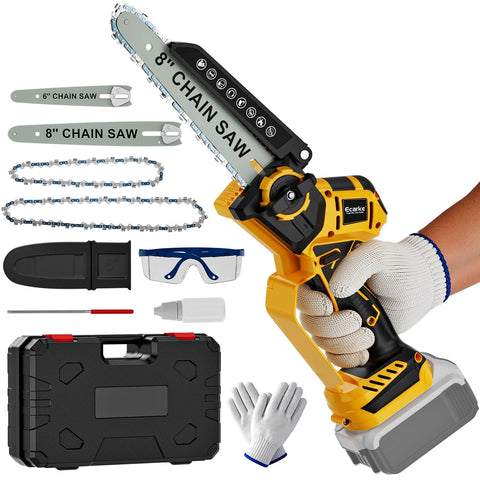 Ecarke mini chainsaw with DeWalt 20V compatibility for convenient battery reuse.