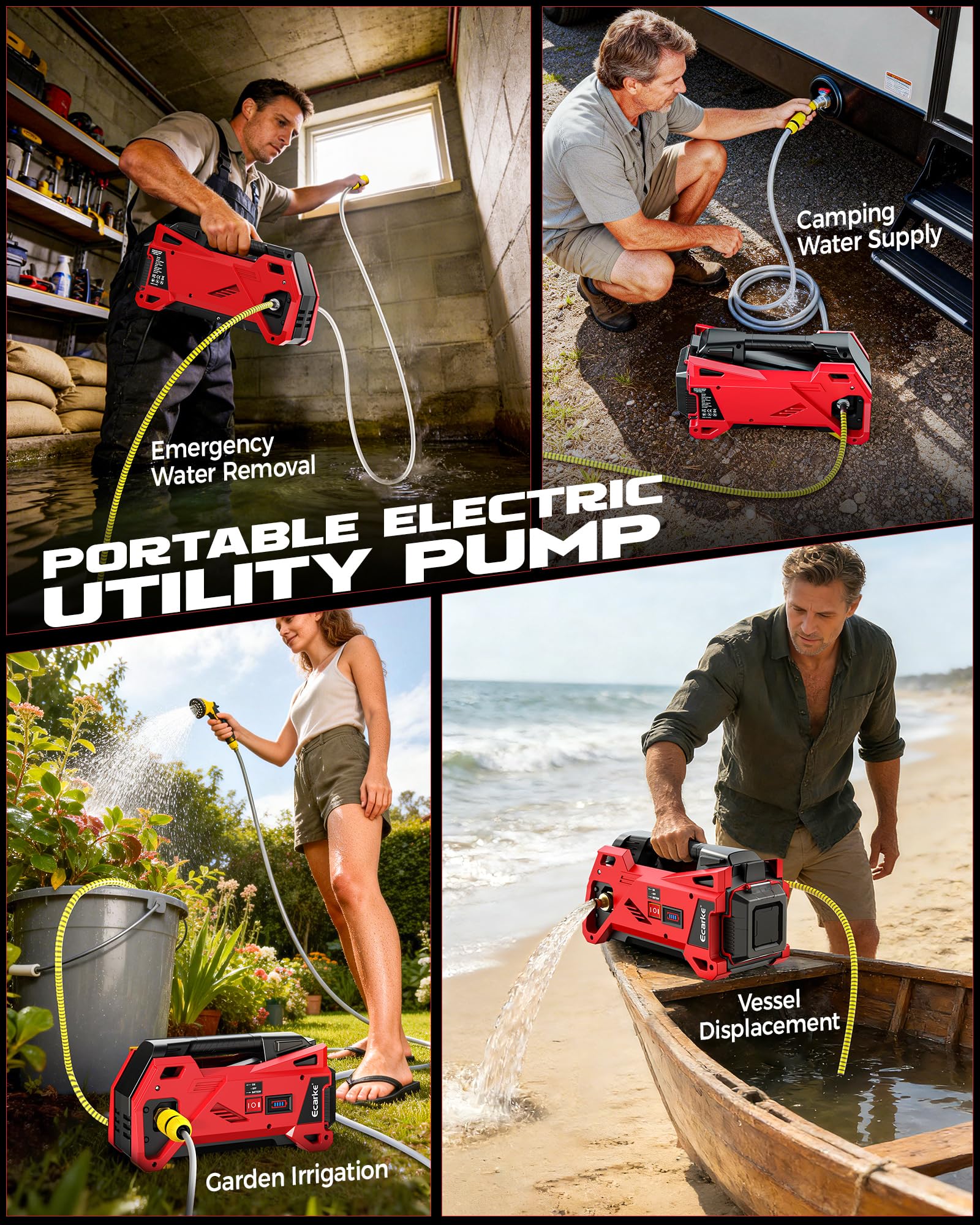 Ecarke versatile pump suitable for RVs, pools, ponds, and gardens.