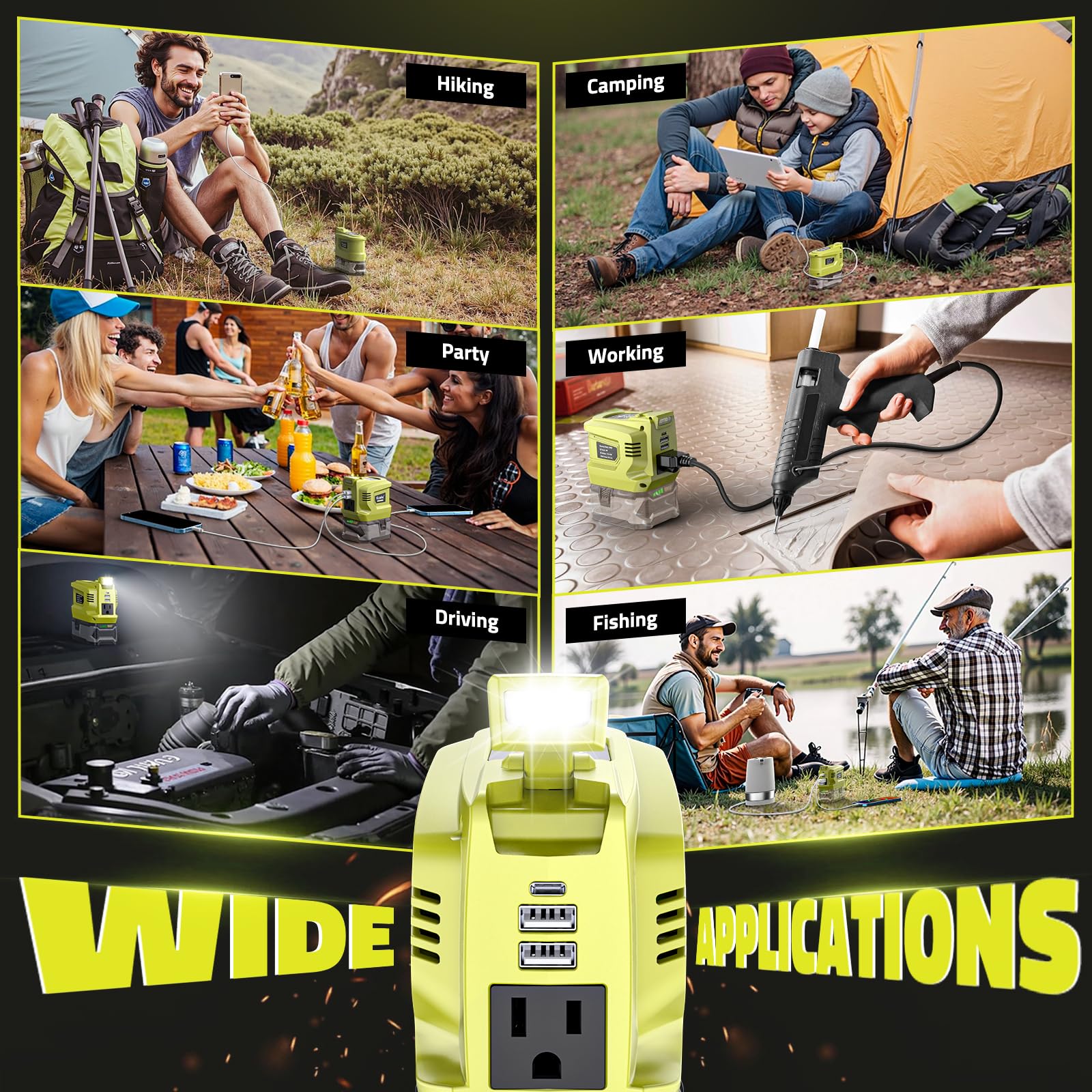 Ecarke Ryobi 18V battery powers the inverter for flexible power options.