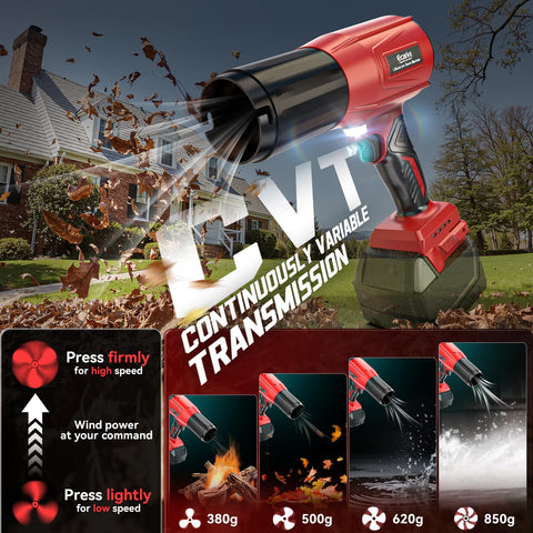 Ecarke variable speed trigger tailors airflow for leaves, dust, or snow tasks.