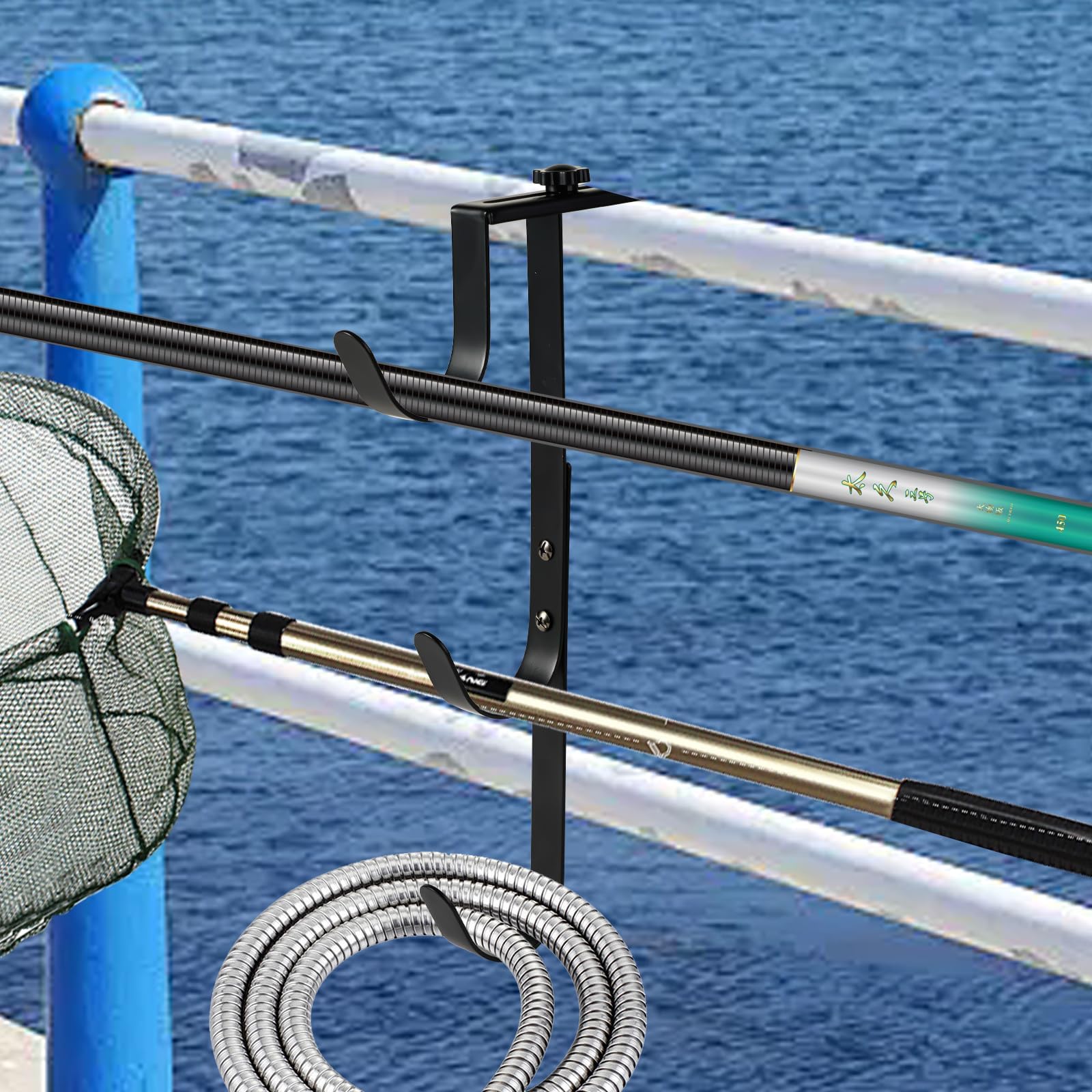 ECcandiedhaws holds pool skimmers and nets neatly on the fence line.