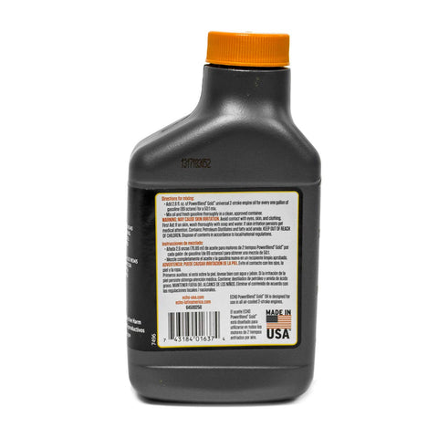 Echo 6450025G Power Blend GOLD bottle label highlighting compatibility with outdoor equipment.