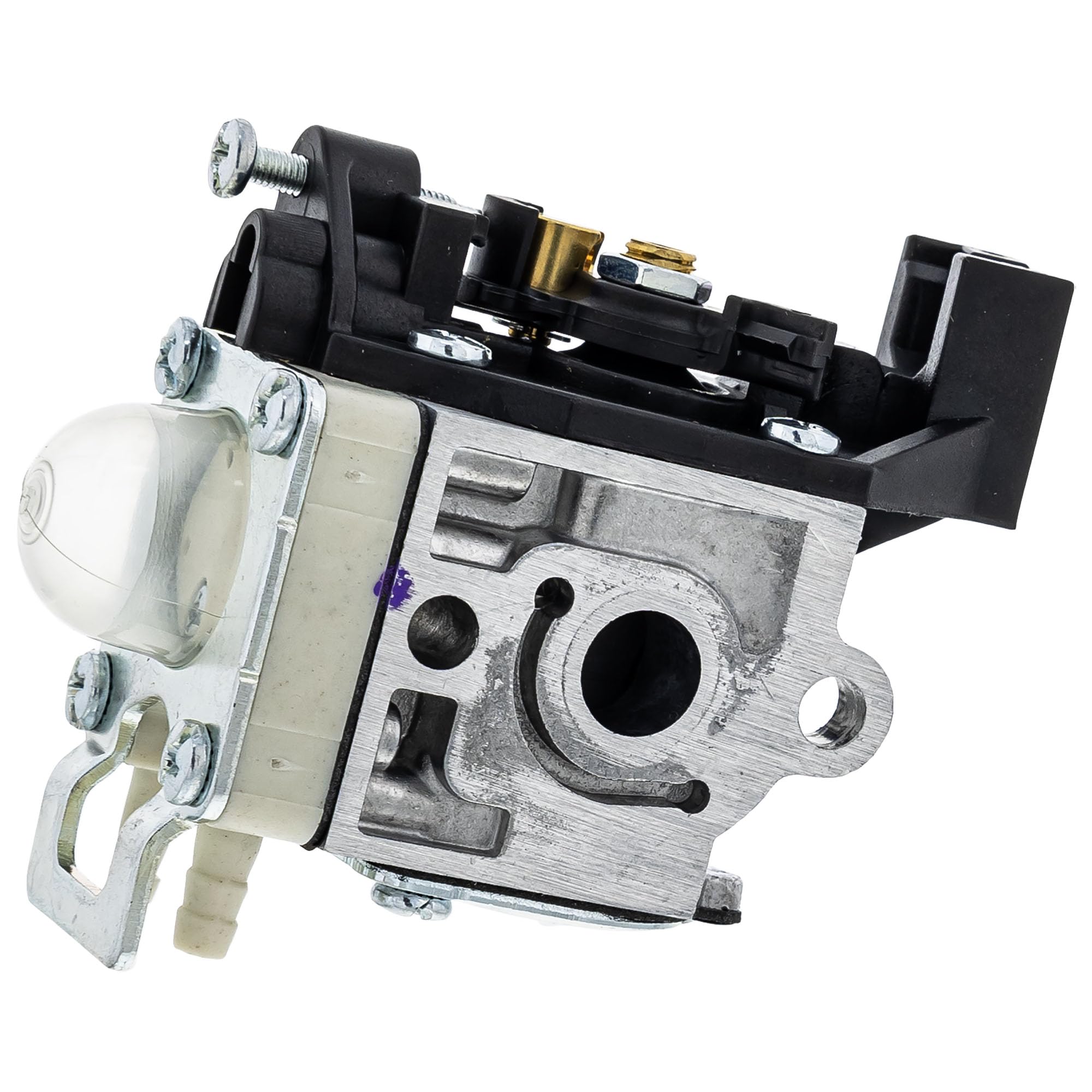 Echo A021004890 carburetor assembly close-up highlights brass fittings.