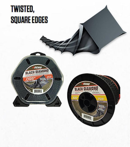 Close-up of Echo Black Diamond trimmer line showing consistent .105 inch diameter for reliable trims.