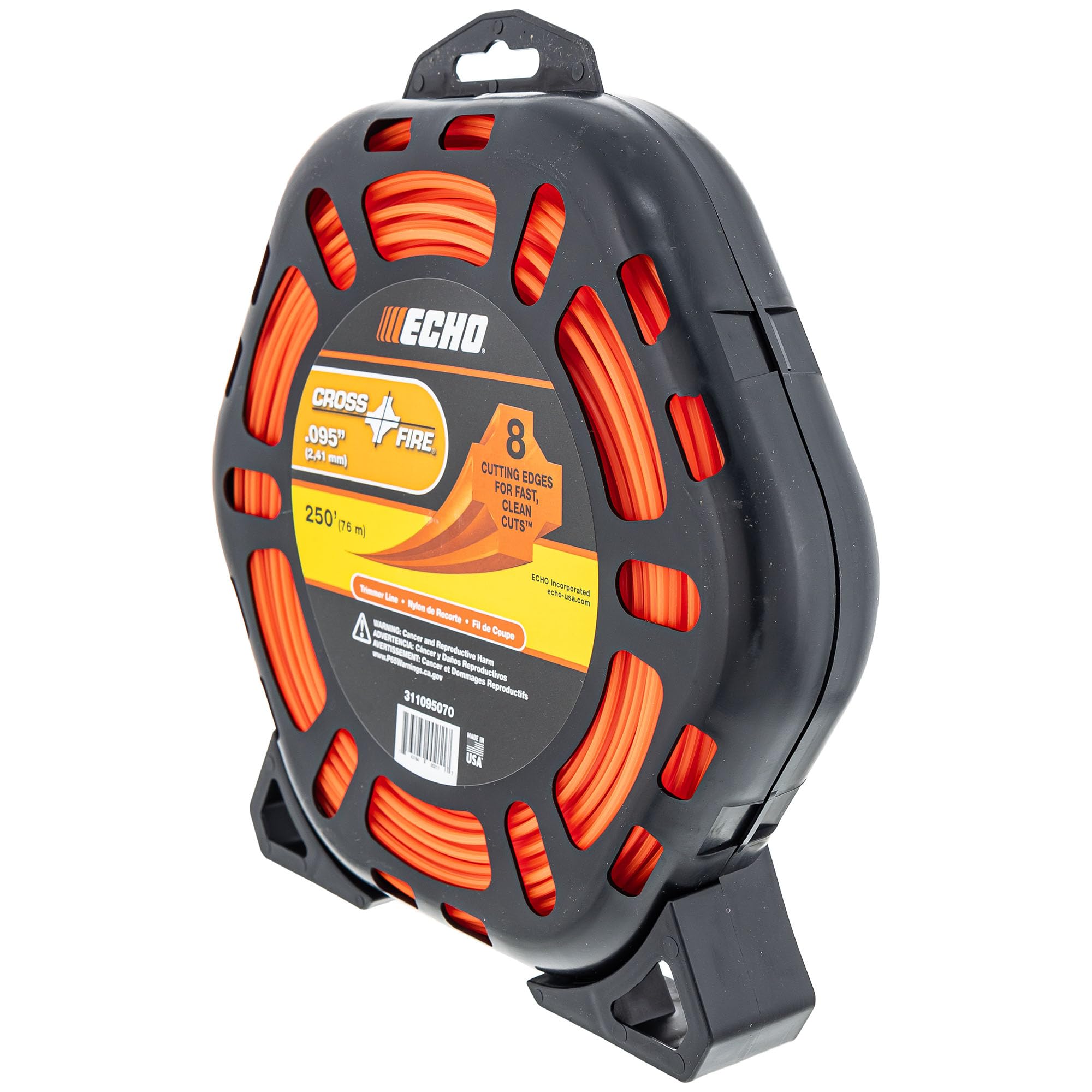 Echo cross-fire technology close-up highlights even feed and efficient line wear.