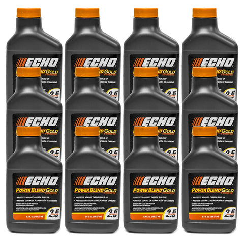 Echo Power Blend GOLD 2-cycle oil bottle close-up for smooth engine performance.