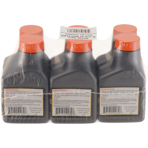 Echo PowerBlend 6-pack bottle set displayed for ready-to-use 50:1 fuel mix