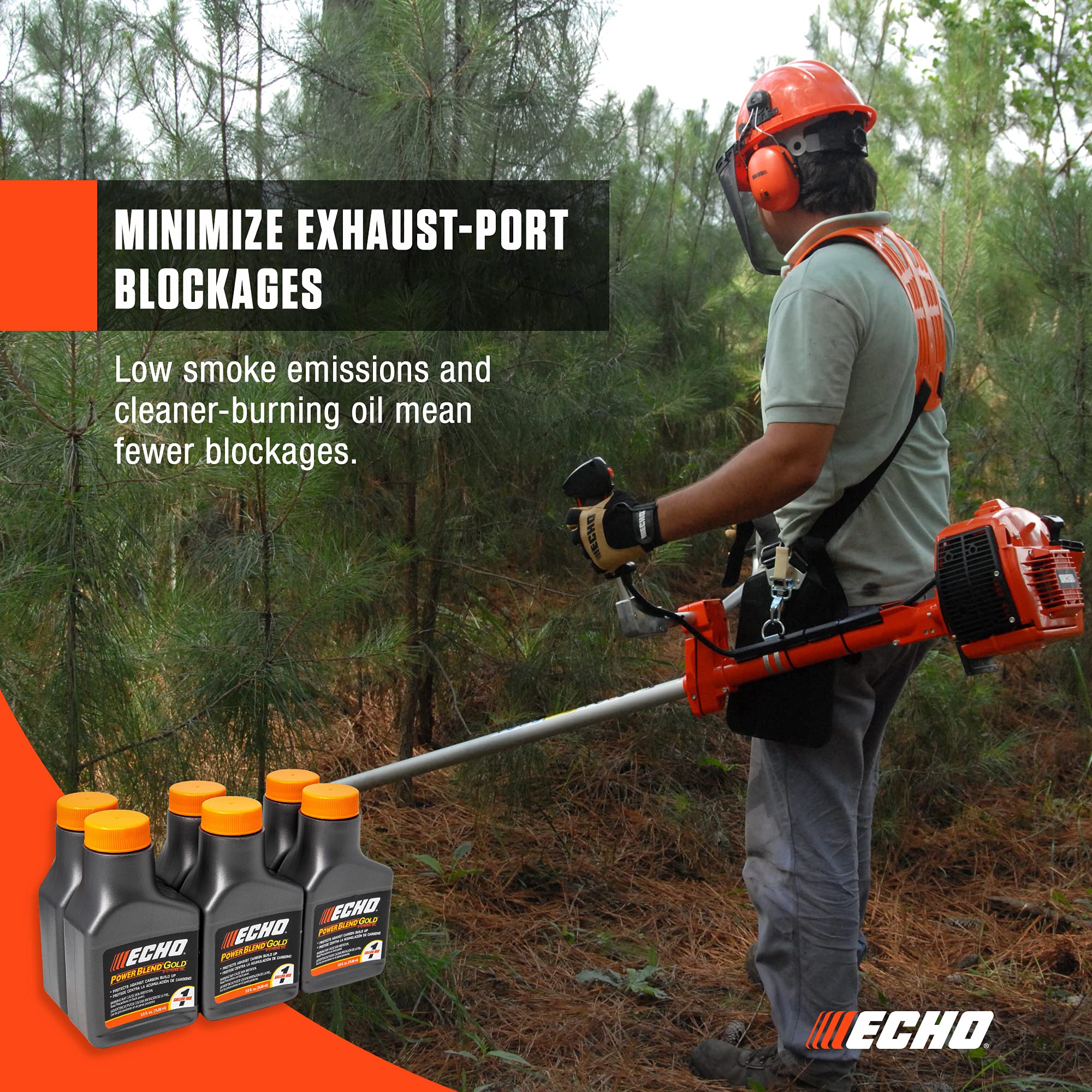 Six-pack display of Echo Power Blend Gold Oil 50:1 for convenient season stock.