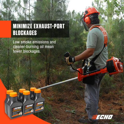 Six-pack display of Echo Power Blend Gold Oil 50:1 for convenient season stock.