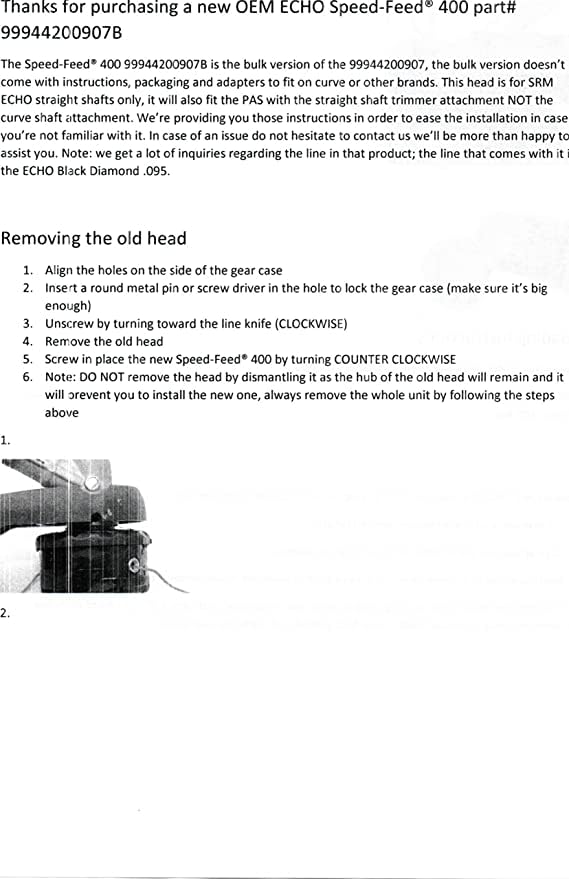 Installation steps for the Speed Feed 400 on a straight-shaft SRM trimmer.