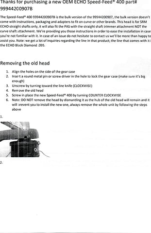 Installation steps for the Speed Feed 400 on a straight-shaft SRM trimmer.