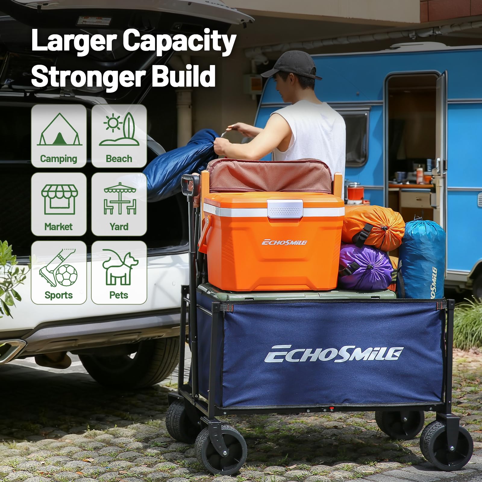 EchoSmile blue and orange collapsible wagon ready for outdoor adventures